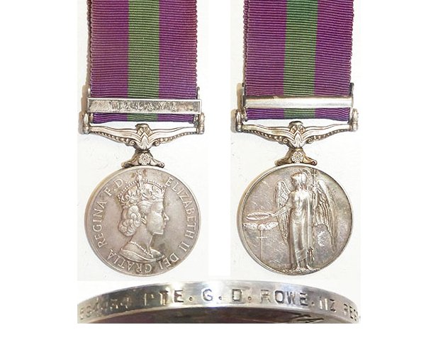 CM0578. G.S.M. 1918-62 EIIR clasp MALAYA - G D Rowe, NZ Regt.