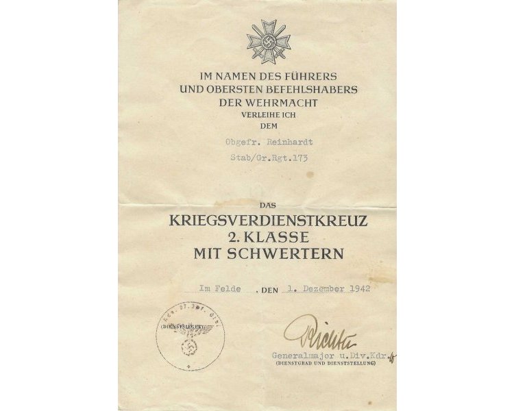 FM0624. AWARD DOCUMENT FOR THE WAR MERIT CROSS 2nd CLASS 1939