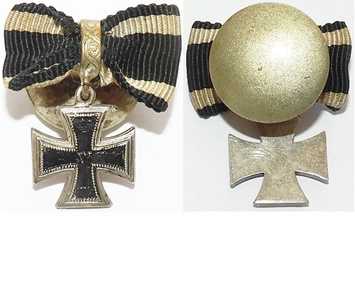 PIN073. IRON CROSS 2nd Class 1914 on buttonhole disc with ribbon